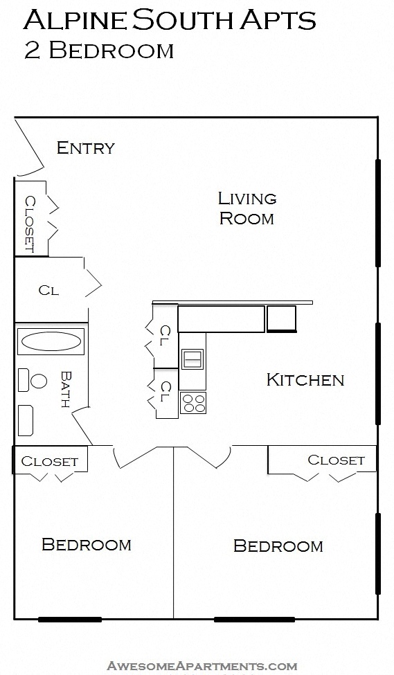 Floor plan for 2 beds, 1 bath, 767 sqft